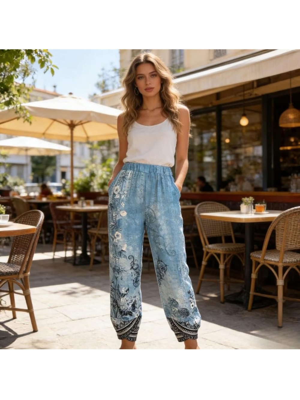 Boho Floral Print Elastic-Waist Women's Pants - Light Blue